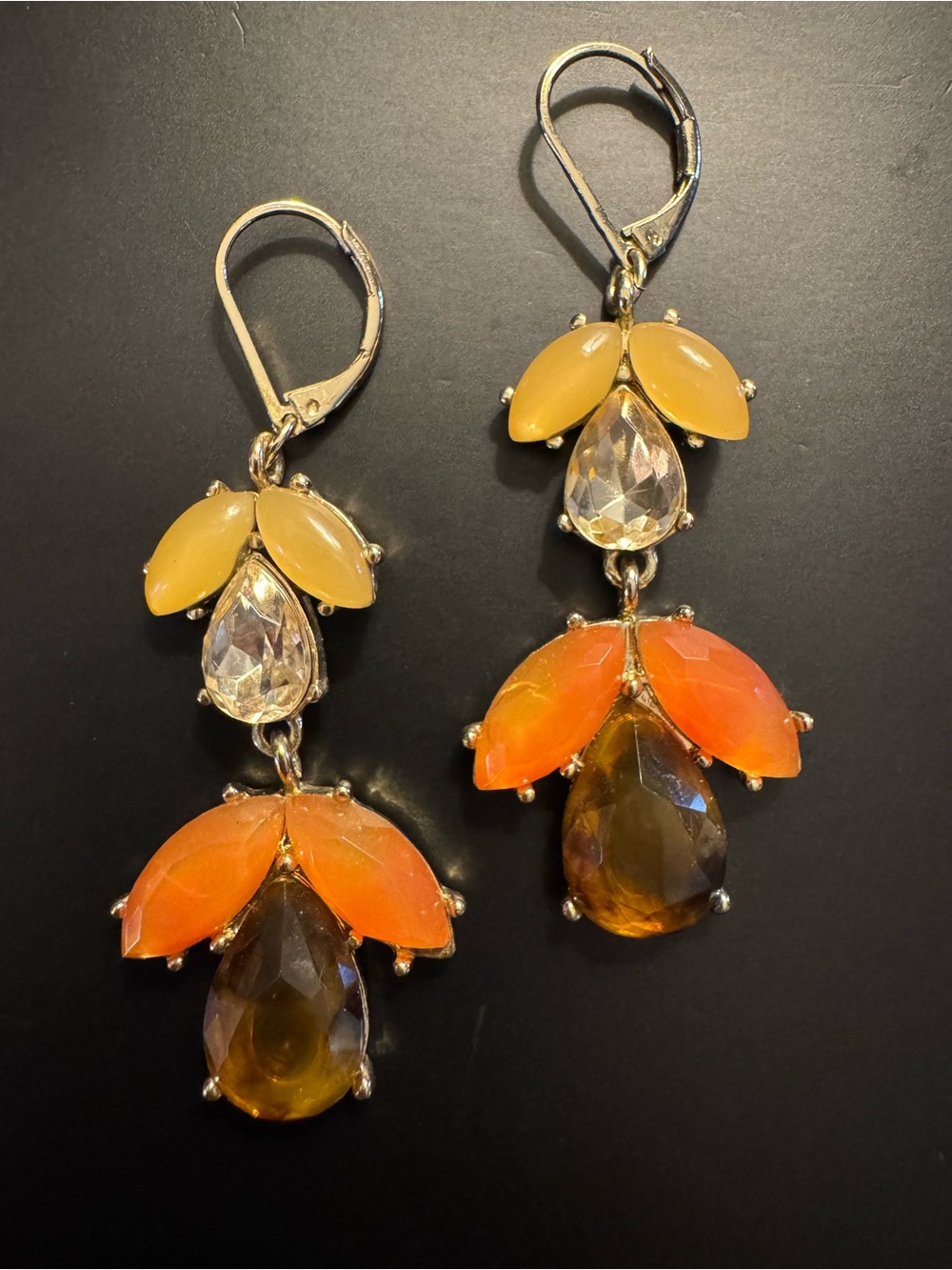Autumn Amber Orange Rhinestone Statement Earrings - Gold Tone - 2.25”